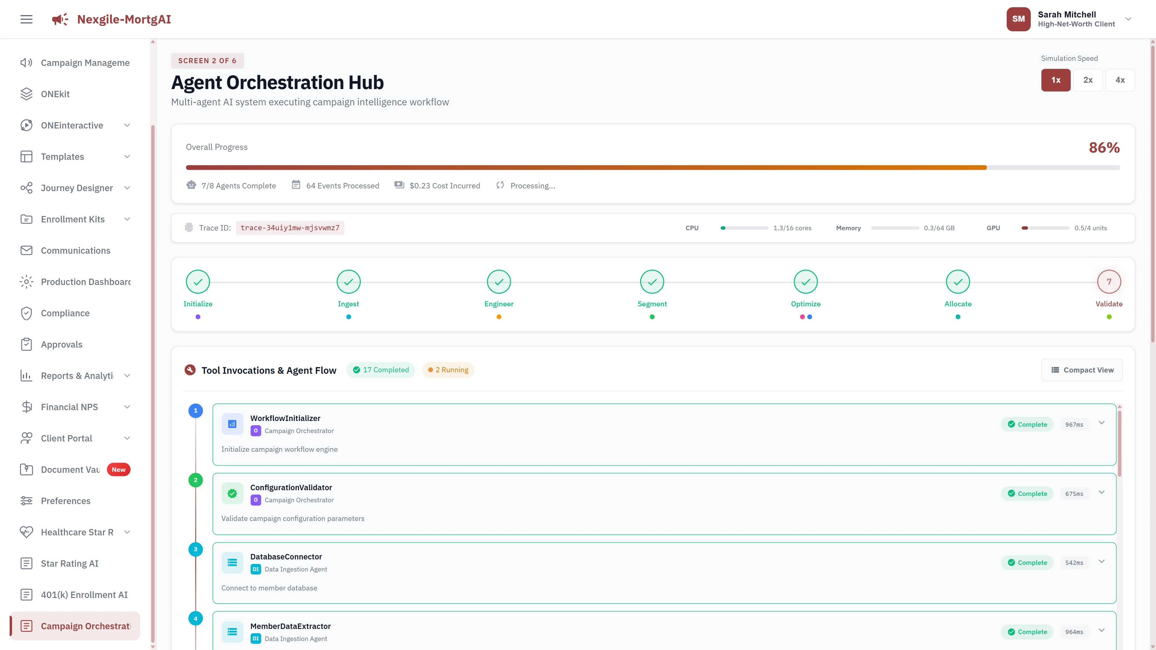 Agent Orchestration Hub with 7-phase pipeline progress and tool invocations.